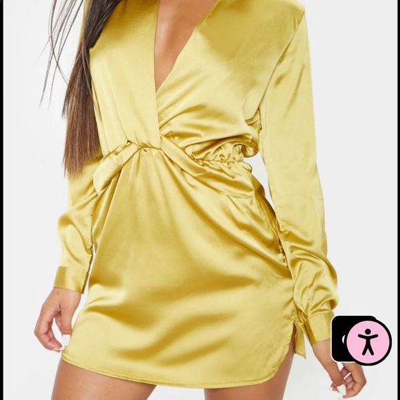 NWT Katalea Dark Lime Twist Front Silky Shirt Dress NWT pretty little thing - Picture 7 of 9